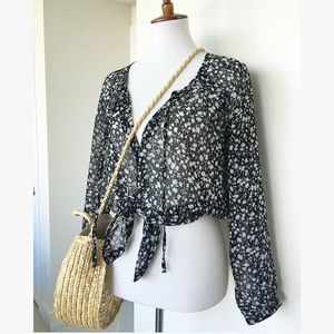OLD NAVY BLACK & WHITE FLORAL SHEER BLOUSE